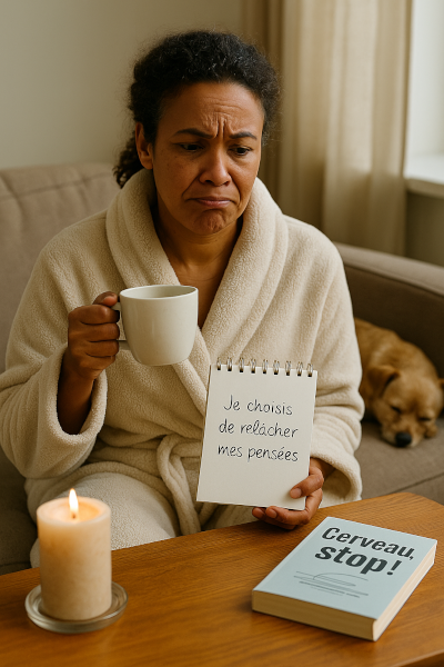 Femme métisse de 40 ans utilisant des affirmations positives pour calmer ses pensées et arrêter de ruminer chez elle, dans un moment de coaching personnel.