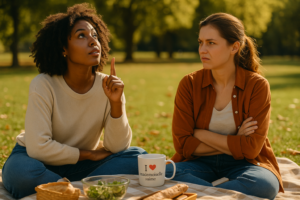 Deux femmes en pleine discussion après un pique-nique, tasse "J’❤️ Mademoisellesaime.com" entre elles — écouter son intuition avec humour et simplicité