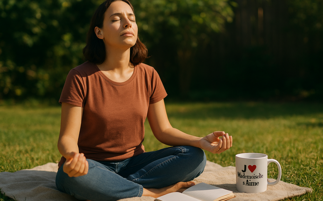 Femme méditant au soleil, tasse "J'❤️ Mademoiselle s’Aime" posée à côté — écouter son intuition et se reconnecter à soi