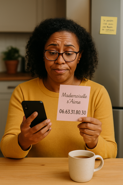 Femme de couleur de 40 ans tenant un flyer Mademoiselle s’Aime avec le numéro 06.63.31.80.30, hésitant à appeler pour un coaching.