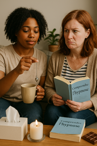 Deux femmes discutent assises dans un salon, l’une tient un pendule, l’autre un livre sur l’hypnose – scène humoristique sur les limites de l’hypnose