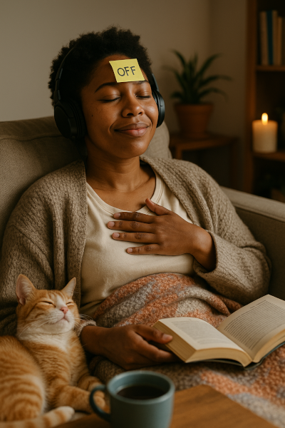 Femme africaine détendue sur un canapé, écoutant un audio d’hypnose pour retrouver de l’énergie quand on est stressée – coaching EFT Prescilia