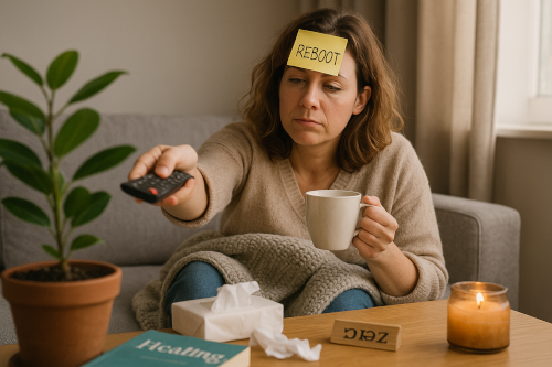 Femme stressée sur un canapé cherchant une solution douce pour retrouver de l’énergie avec l’EFT